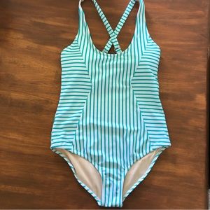 NWT Talbots Striped One Piece Swimsuit Limited Edition Medium Green/White